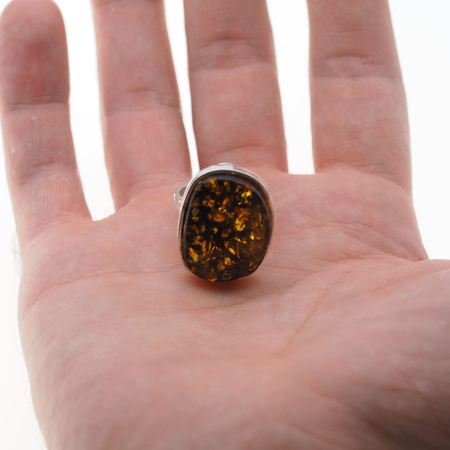 Pierścionek regulowany z Bursztynem Zielonym w srebrze