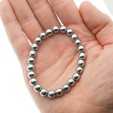 Bransoletka na gumce - Hematyt srebrny kulki 8 mm