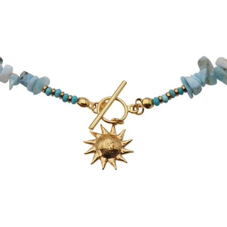 Naszyjnik z zawieszką - Larimar sieczka, słońce i srebro złocone