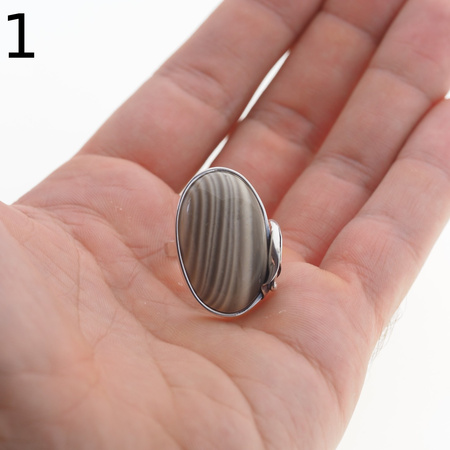 Srebrny pierścionek z Krzemieniem Pasiastym – srebro oksydowane 925, motyw liścia