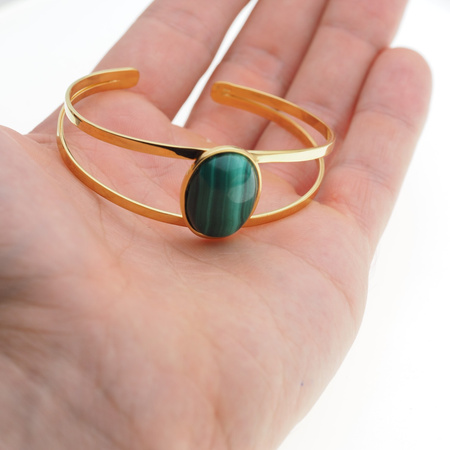 Bransoletka sztywna z owalnym Malachitem w srebrze podwójnie złoconym