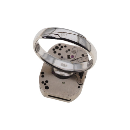 Pierścionek regulowany z mechanizmem zegarka w srebrze