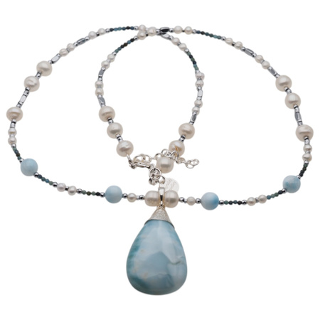 Naszyjnik z zawieszką - Larimar, Perła, Turmalin niebieski i srebro 