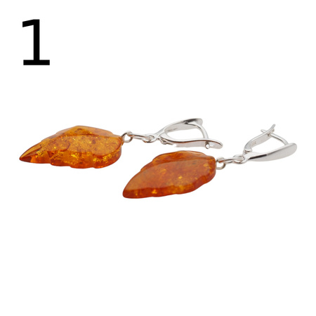 Kolczyki - koniakowy Bursztyn rzeźbione liście i srebro