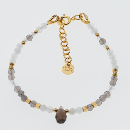 Bransoletka - Kwarc Dymny, Kamień Księżycowy, mix kamieni i srebro złocone