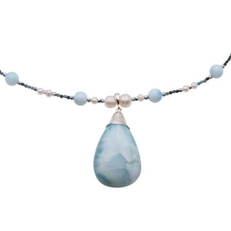 Naszyjnik z zawieszką - Larimar, Perła, Turmalin niebieski i srebro 