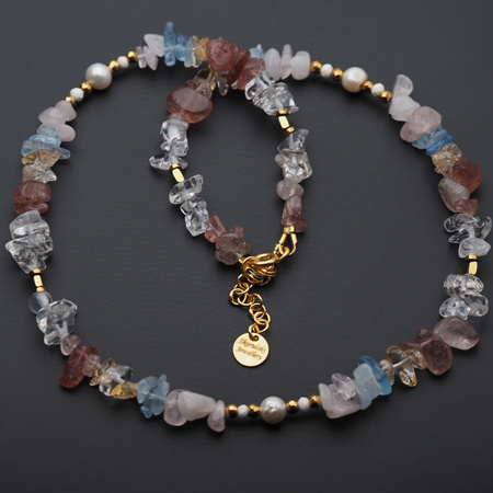 Naszyjnik - Mix kamieni sieczka, kulki i srebro złocone