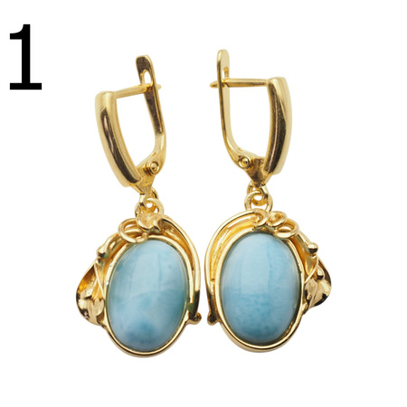 Kolczyki - larimar owal w srebrze złoconym z liśćmi