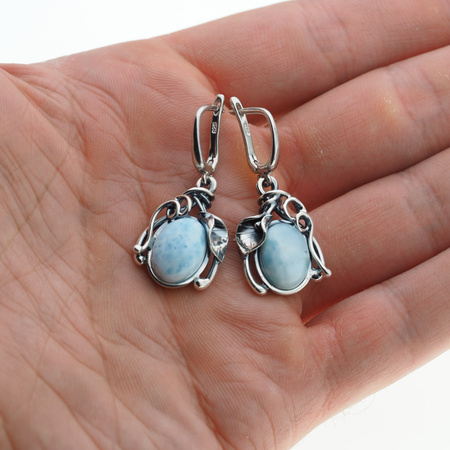 Kolczyki - larimar owal w srebrze oksydowanym z liśćmi