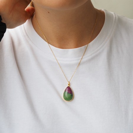 Zawieszka - Zoisyt z Rubinem łza w srebrze złoconym