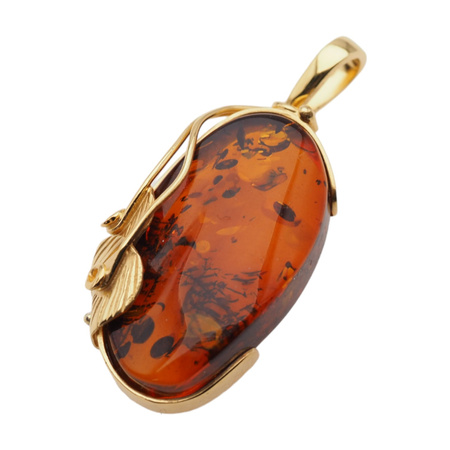 Zawieszka z liściem - Bursztyn koniakowy w srebrze złoconym