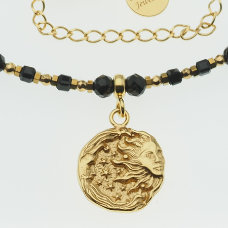 Naszyjnik regulowany - Turmalin czarny kulki, zawieszka słońce i  srebro złocone