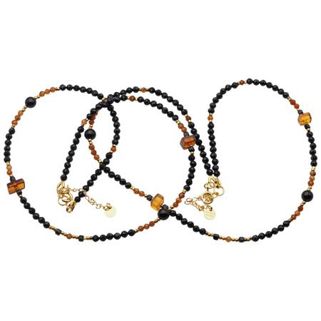 Naszyjnik - Turmalin czarny, Bursztyn, Hematyt złoty i srebro złocone