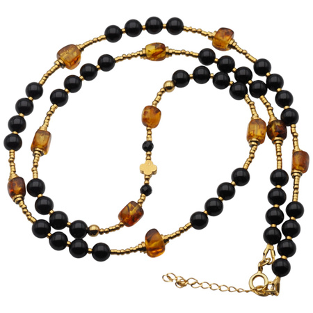 Naszyjnik długi - turmalin, bursztyn, hematyt i srebro pozłacane