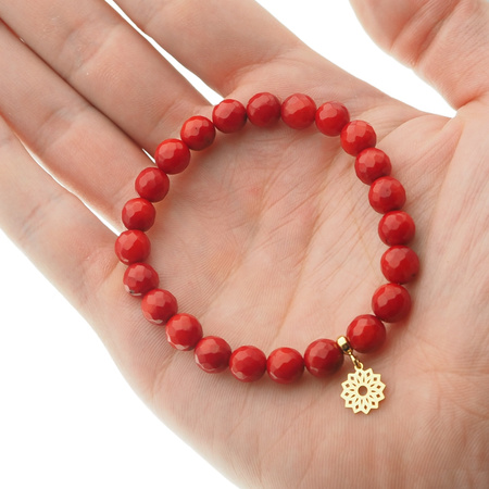 Bransoletka 19 cm - cięty Koral czerwony kulki i srebro złocone