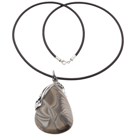Naszyjnik z Krzemieniem Pasiastym – srebro oksydowane 925, naturalny rzemień