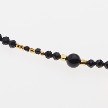 Naszyjnik- Turmalin czarny kulki, zawieszka oko proroka i srebro złocone