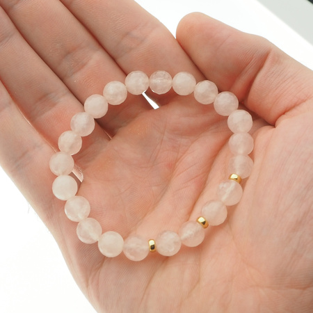 Bransoletka 18,5 cm - fasetowany Kwarc Różowy kulki 8mm i srebro złocone