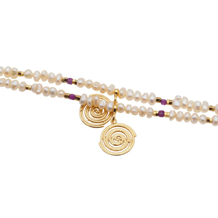 Naszyjnik - Białe Perły hodowane, Rubin, Hematyt i srebro złocone