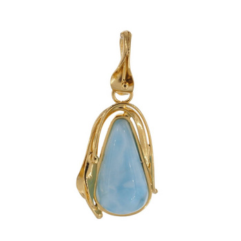 Zawieszka - larimar łza w srebrze złoconym z liśćmi