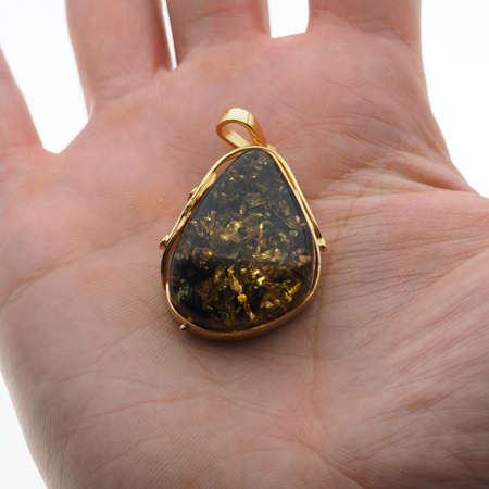 Zawieszka z liściem - Bursztyn zielony w srebrze złoconym