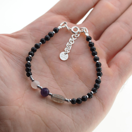 Bransoletka mix - Turmalin, ametyst, kwarc różowy, labradoryt i srebro 