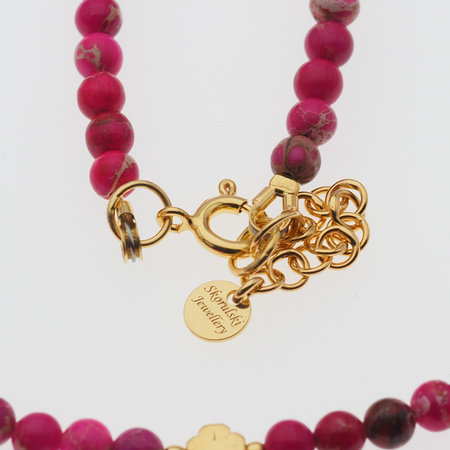 Naszyjnik z czterolistną koniczyną - Jaspis cesarski różowy i srebro złocone