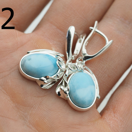 Kolczyki - larimar owal w srebrze z liśćmi