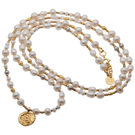 Naszyjnik długi - Białe, szare Perły hodowane i srebro złocone