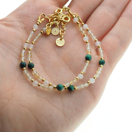 Bransoletka obfitości i miłości - Cytryn, Kwarc Różowy, Malachit i srebro złocone