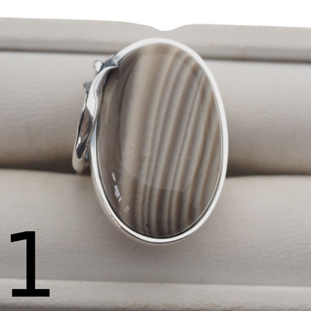 Srebrny pierścionek z Krzemieniem Pasiastym – srebro oksydowane 925, motyw liścia