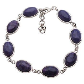 Bransoletka z owalnym czaroitem w srebrze rodowanym.