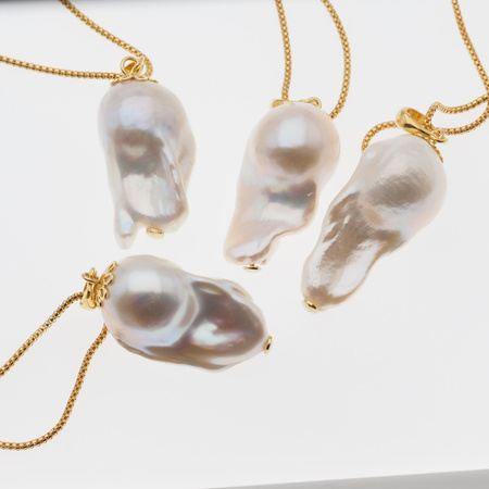 Naszyjnik srebrny, złocony - barokowa Perła biała na łańcuszku 60 cm