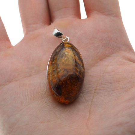 Naszyjnik na rzemieniu - Bursztyn łza z inkluzjami roślinnymi w srebrze