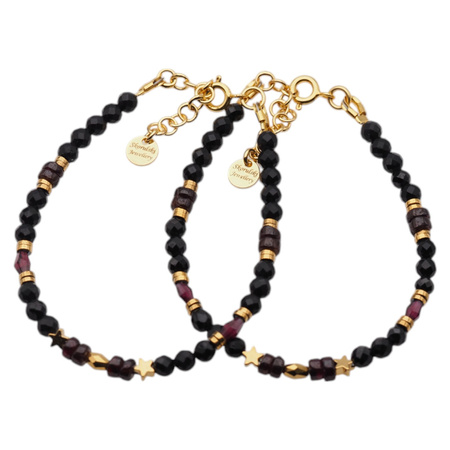 Bransoletka regulowana - Granat, Turmalin czarny, gwiazdki i srebro złocone (świąteczne)