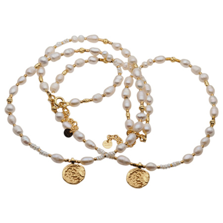 Naszyjnik - Białe Perły hodowane, hematyt, zawieszka słońce i srebro złocone