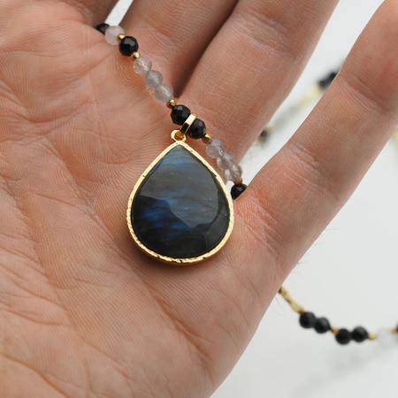 Naszyjnik - Labradoryt, Turmalin, Kamień Księżycowy, srebro pozłacane 925