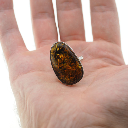 Pierścionek regulowany z Bursztynem Zielonym w srebrze