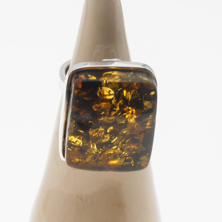 Pierścionek regulowany z prostokątnym Bursztynem Zielonym w srebrze