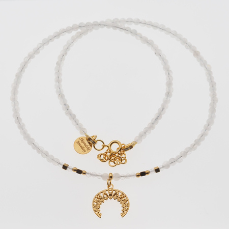 Naszyjnik - Kamień Księżycowy, Kryształ Górski, Hematyt, róg obfitości i srebro złocone