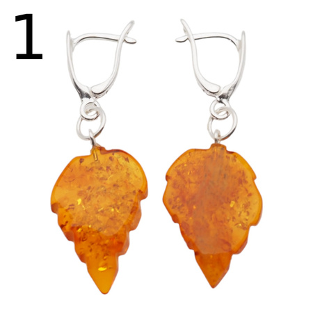 Kolczyki - koniakowy Bursztyn rzeźbione liście i srebro