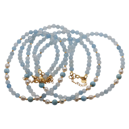 Naszyjnik - Akwamaryn fasetowany, Perły, Larimar, Hematyt i srebro złocone