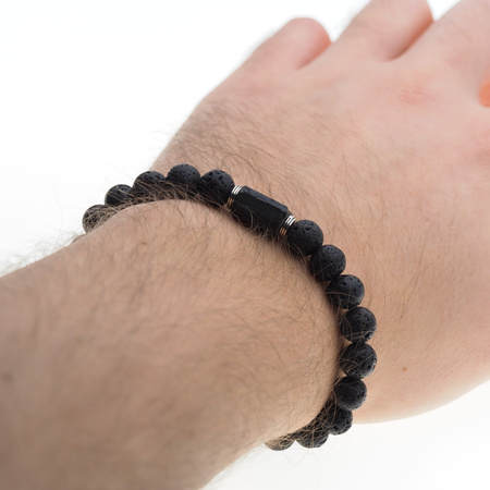 Bransoletka męska na gumce - Turmalin czarny, lawa i srebro