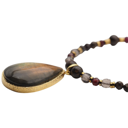 Naszyjnik z Labradorytem, Granatem i Kwarcem Dymnym – ręcznie wykonany, srebro pozłacane 925