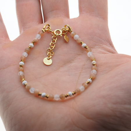 Bransoletka - Kamień Księżycowy, Słoneczny, Howlit, Hematyt i srebro złocone