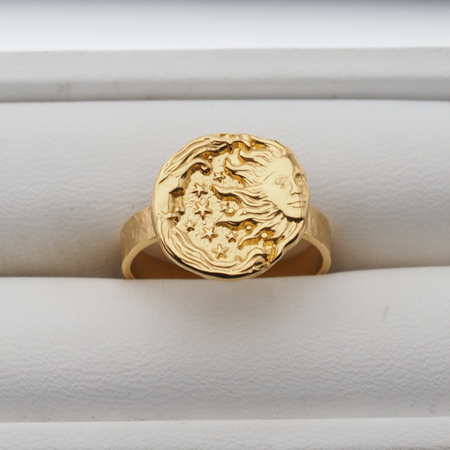 Pierścionek regulowany - księżyc, słońce i młotkowane srebro złocone