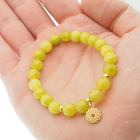 Bransoletka 17,5 cm - cięty Jadeit zielony kulki i srebro złocone