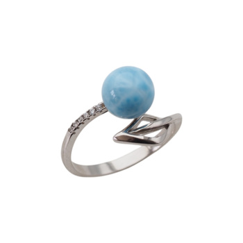 Pierścionek regulowany - okrągły Larimar i cyrkonie w srebrze rodowanym