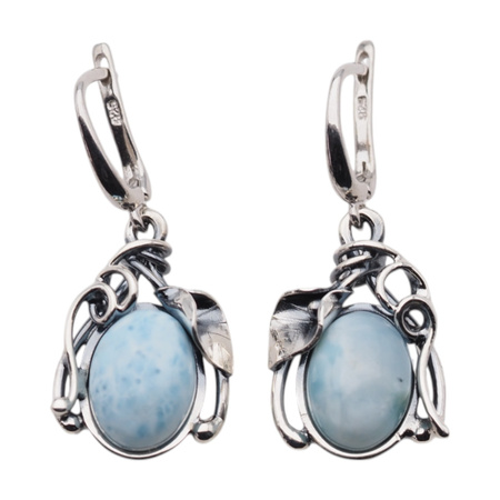 Kolczyki - larimar owal w srebrze oksydowanym z liśćmi