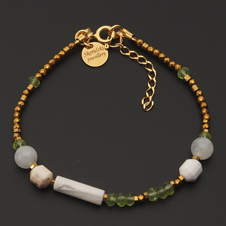 Bransoletka - Kamień Księżycowy, Hematyt, Perydot, Howlit i srebro złocone